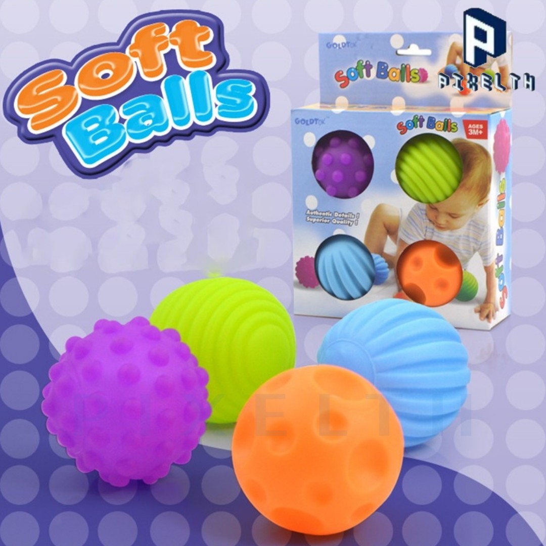 PIXELTH Softball (เซ็ต 4 / 6  ลูก ) ลูกบอลยางนิ่ม บีบแล้วมีเสียง ปลอดสาร BPA เสริมพัฒนาการ ของเล่นสำหรับเด็กๆ