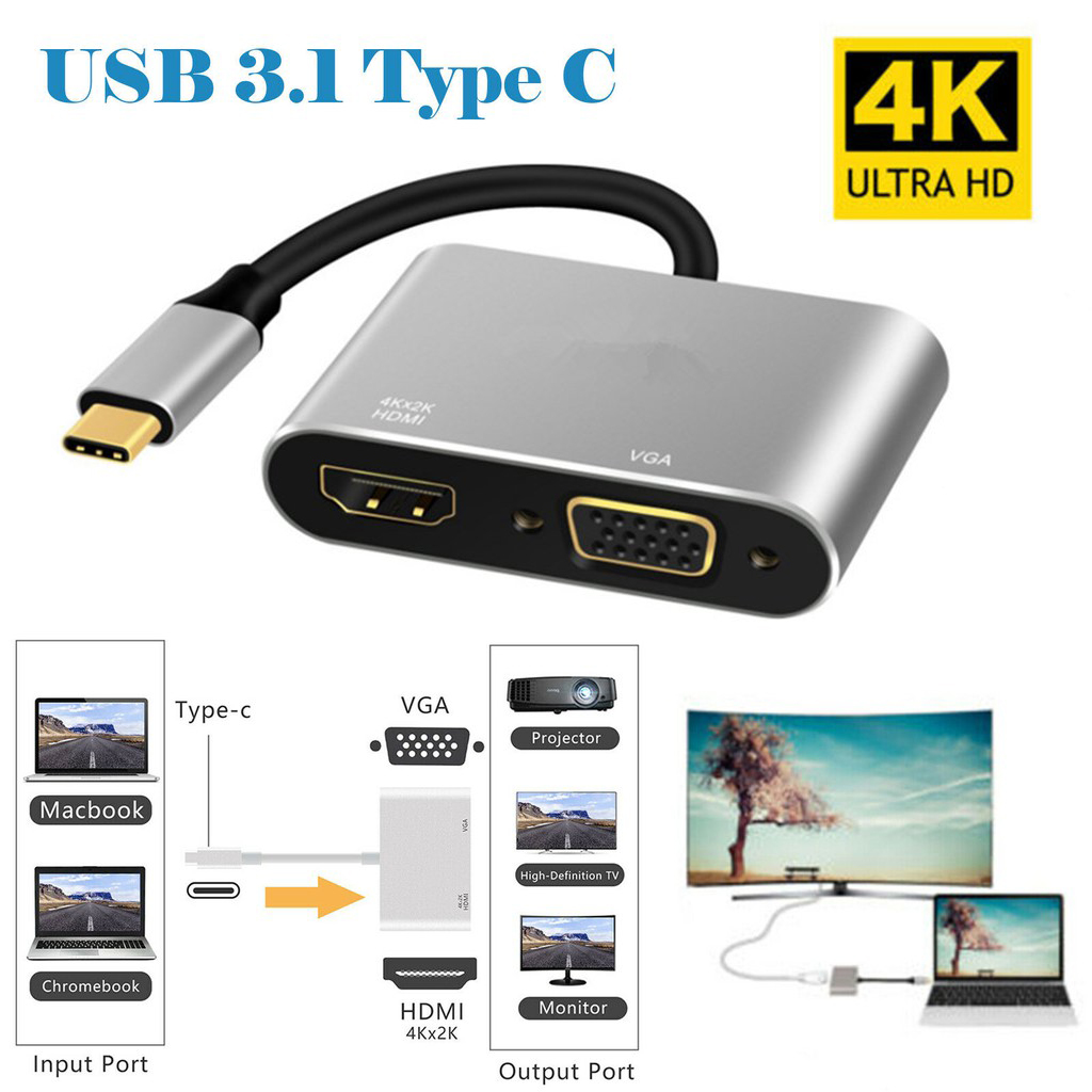 Type C USB 3.1 to HDMI 4K + VGA Adapter เสียงจอแสดงผลเกียร์ตัวแปลง USB 3.1 สำหรับ 4 K อะแดปเตอร์ For Macbook For ipad