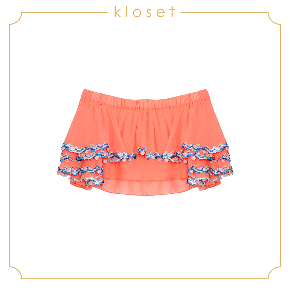 Kloset Off-Shoulder Top With Sequin Embroidery Detail (RS19-T007) เสื้อผ้าผู้หญิง เสื้อผ้าแฟชั่น เสื้อแฟชั่น เสื้อตัวสั้น เสื้อคล็อป เสิ้อปาดไหล่ สี Orange สี Orangeไซส์ L