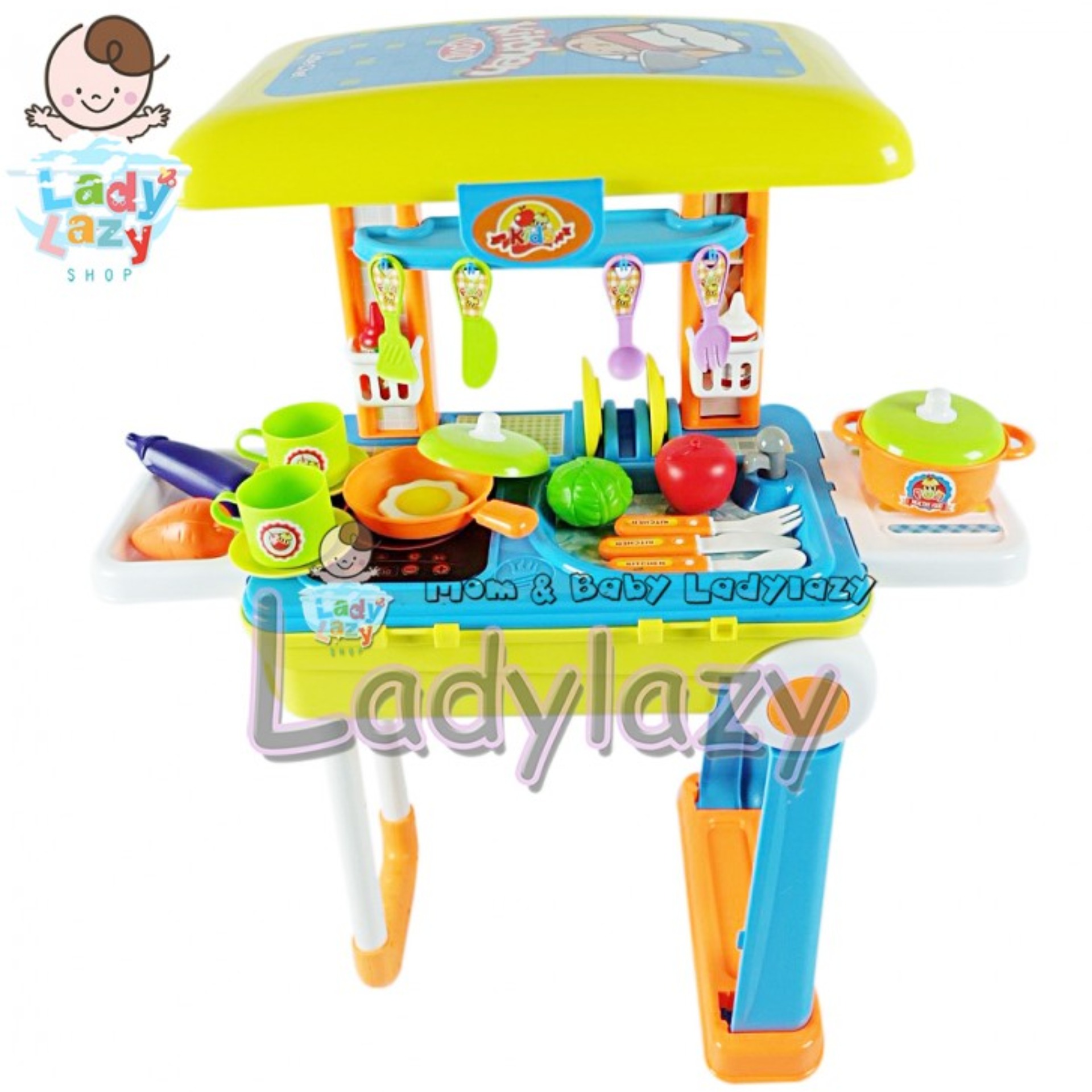 Ladylazy ชุดครัว Kids 2 in 1 เป็นกระเป๋าล้อลากได้ พกพาง่าย No.008-926 สีเหลือง
