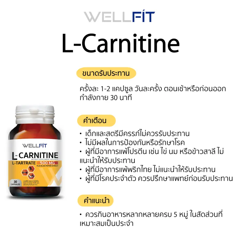 ภาพสินค้า(30 แคปซูล X2) WELLFIT L-Carnitine 500 mg เวลฟิต แอล คาร์นิทีน 500 มก. พลัส+ สารสกัดจากพริกไทยดำ 100 มก. ขนาดบรรจุ 30 แคปซูล (2 ขวด) จากร้าน WELLFIT (เวลฟิต) บน Lazada ภาพที่ 3