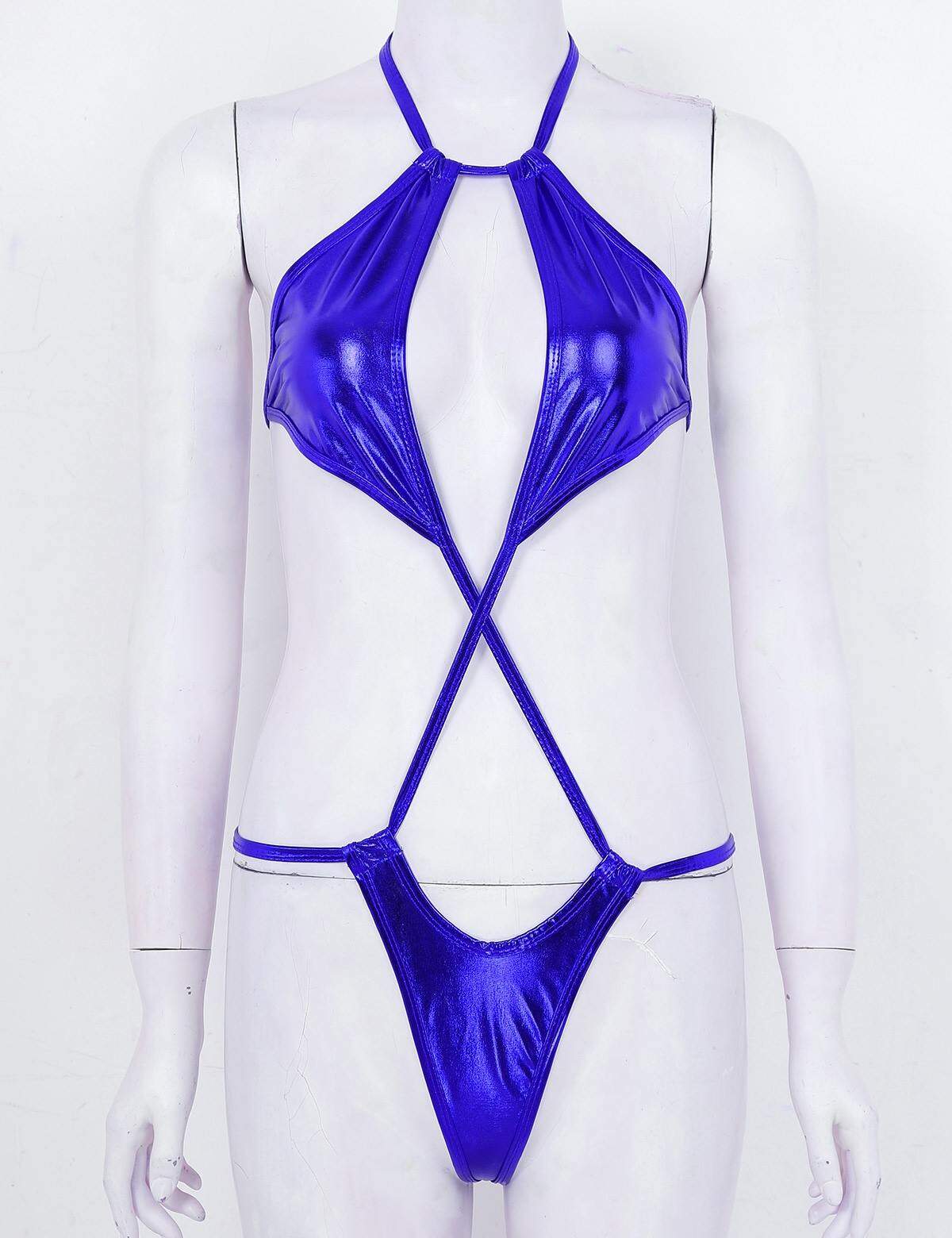 Women Shiny Metallic Lingerie Halter Micro Thong Trikini Nightwear