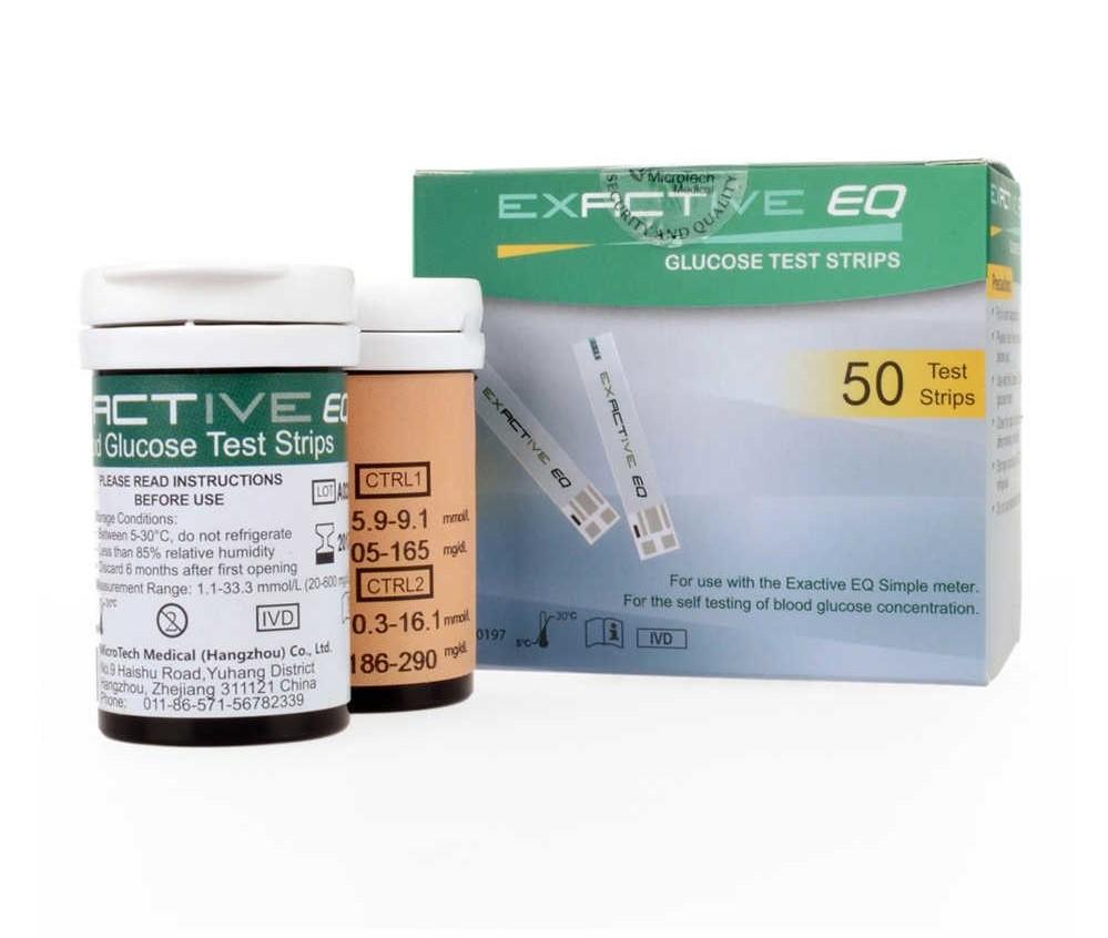 แผ่นวัดน้ำตาลในเลือด รุ่นเอ็กแซ็คทีฟ อีคิว ซิมเปิ้ล Exactive EQ Simple Teststrips แผ่นทดสอบระดับน้ำตาลกลูโคสในเลือด 1 กล่อง มี 50 ชิ้น
