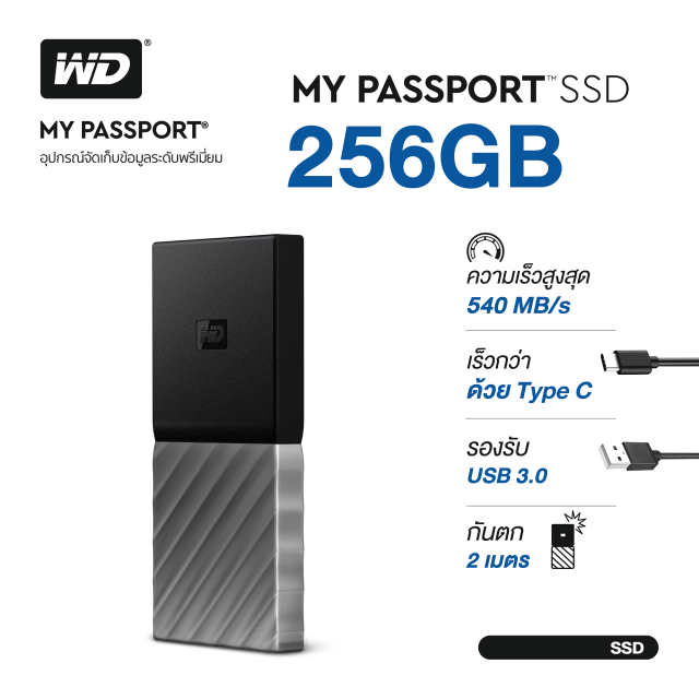 Wd My Passport Ssd 256gb Black Gunmetal Type C Usb 30 Speed Up To 540 Mbs Ssd M2 1384