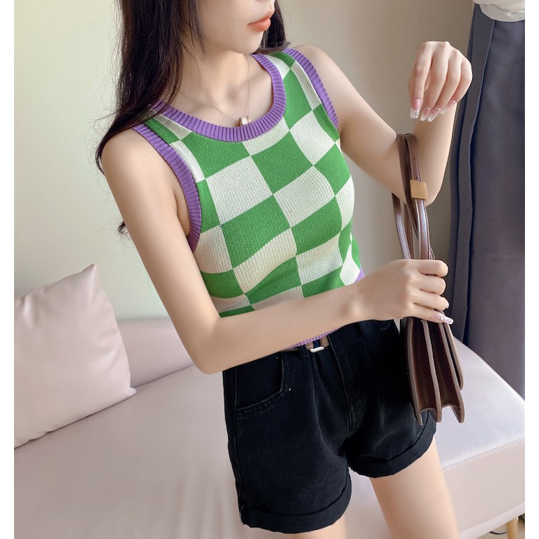 (2545)เสื้อครอปแขนกุดไหมพรมknit ทอลายตารางสลับสี สไตล์ฮิปสเตอร์สุดชิค ...