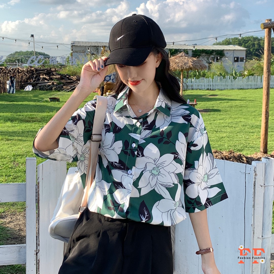 ‼️พร้อมส่ง ราคาถูก‼️ เสื้อเชิ้ตลายดอกสีเขียวทรงโอเวอร์ไซส์ แขนสั้นคอปก ...