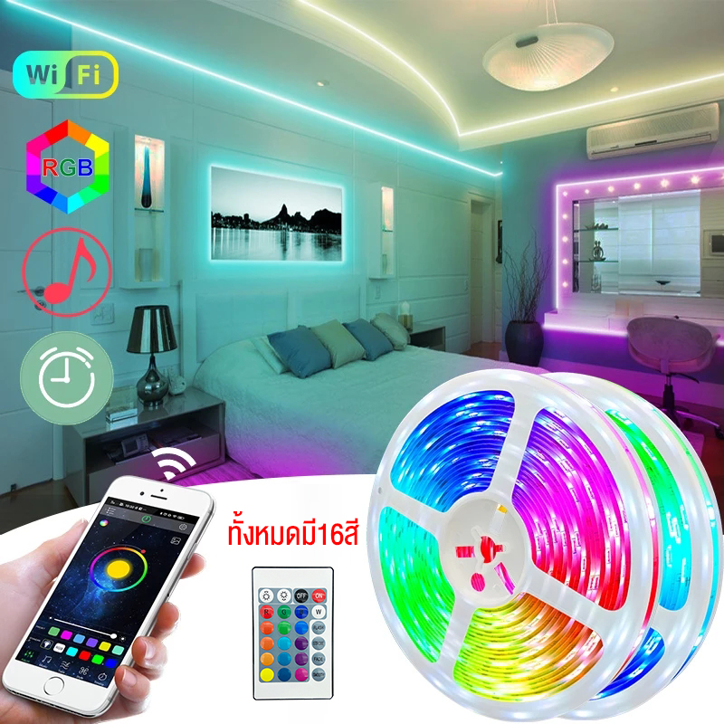 LEDONE ไฟเส้น LED Strip light แถบไฟ ชุดไฟ ไฟติดห้อง ไฟประดับห้อง 5/10/15เมตร 2835/5050 12V ไฟRGB ไฟตกแต่งบ้าน ประดับห้อง การควบคุม Bluetooth WiFi ไฟประดับห้องนอน