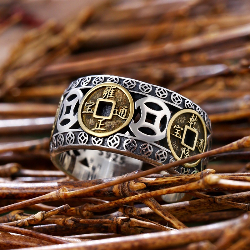 RY-Lucky ring transfer evil five emperor silver copper silver ring men and women adjustable ring silver ring feng shui fortune coin fortune coin auspicious ring