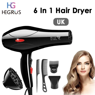 HEGRUS Hair Dryers 6 In 1 Professional Hair Dryer Strong Wind Hair Dryer 2200W High Powerful Electric Blow Dryer Hot Cold Air Hairdryer Barber Salon Tools with Nozzle Tail Comb Flat Comb Wind Mouth Style Hood