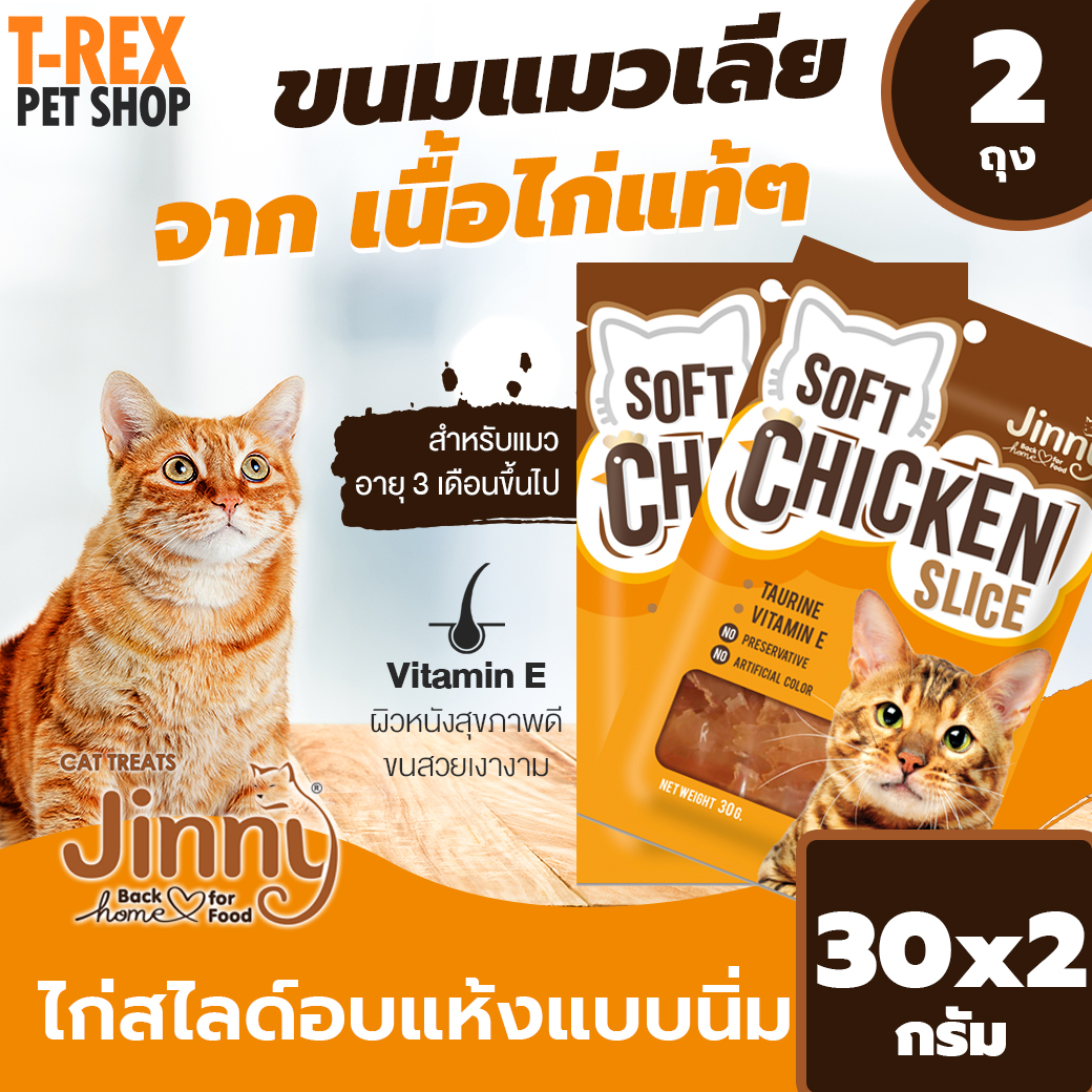 ขนมแมว แบบ ไก่ สไลด์ อบแห้ง นิ่ม จาก จินนี่ Jinny Soft Chicken Slice สำหรับ แมว อายุ 3 เดือนขึ้นไป ขนาด 30 กรัม / 1 ถุง x 2 ถุง (แพคคู่)