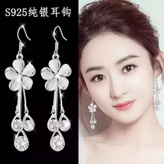Fashion earrings ต่างหูเงินแท้ ต่างดอกไม้ ประกับเพชร แบบยาว ต่างหูเงินแท้925 ต่าหู100%(สินค้าพร้อมส่ง)