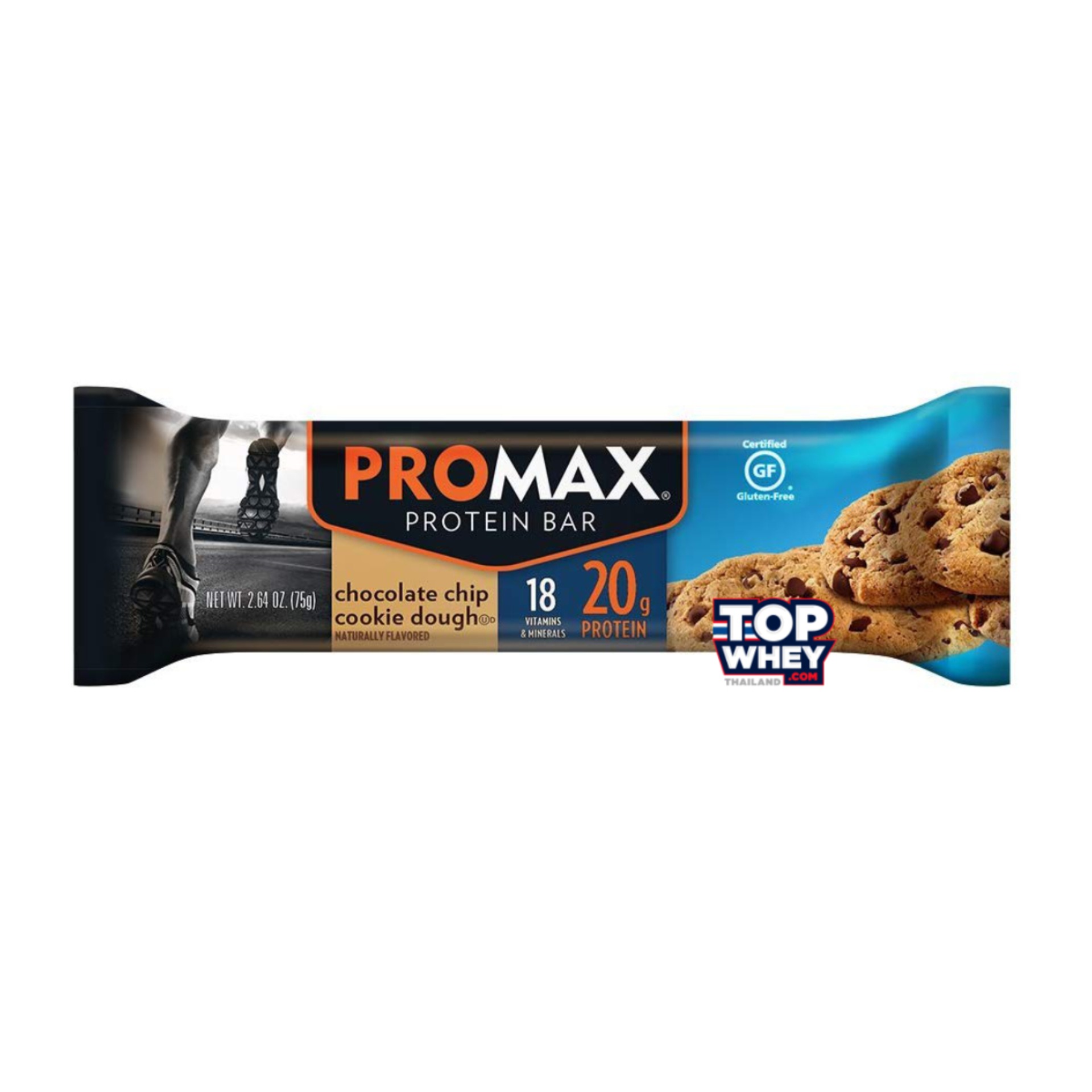 Promax Protein Bars - 1 Bar Chocolate Chip Cookie Dough  โปรตีนบาร์  มีส่วนผสมของเวย์โปรตีน  สามารถทานเล่น   หรือแทนมื้ออาหารได้  มีปริมาณของโปรตีนที่สูง