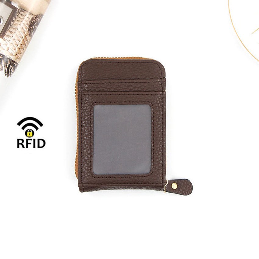 RFID กระเป๋าสตางค์แบบสั้น ทำจากหนัง มีซิป ใส่บัตรได้เยอะ