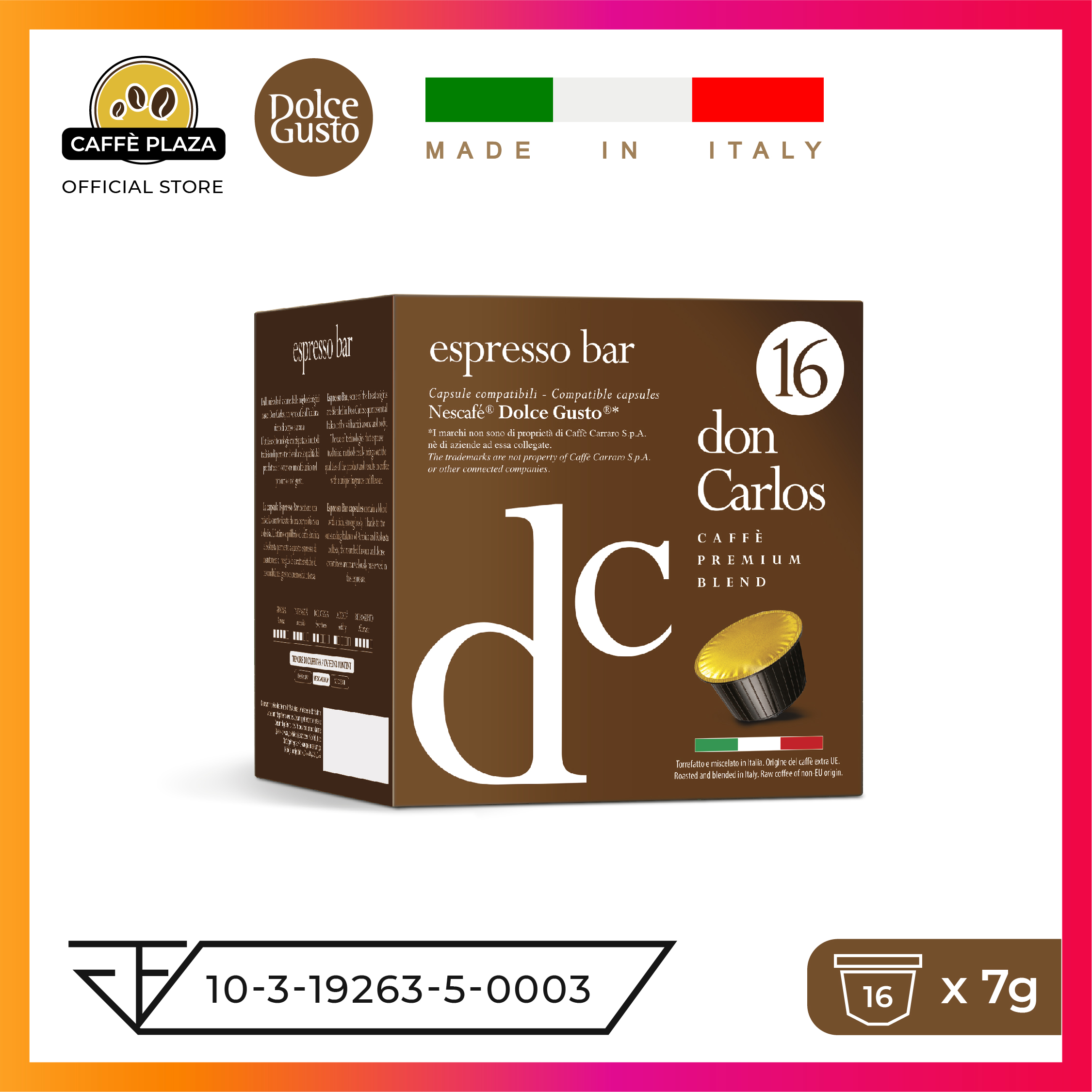 16x กาแฟเอสเปรสโซพรีเมียมอิตาลี DOLCE GUSTO capsule (แคปซูลดอลเชกุสโต) Don Carlos กาแฟ