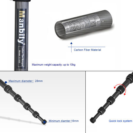 5 ส่วน Telescopic คาร์บอนไฟเบอร์ปรับขยายได้น้ำหนักเบาการถ่ายภาพ DSLR ไม้เซลฟี่ถ่ายรูป Unipod ไม้เท้า (INTL)
