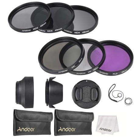 Andoer 49mm Lens Filter Kit UV+CPL+FLD+ND(ND2 ND4 ND8) with Carry Pouch / Lens Cap / Lens Cap Holder / Tulip  Rubber Lens Hoods / Cleaning Cloth Outdoorfree - Intl