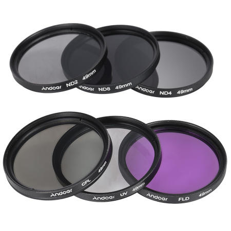 Andoer 49mm Lens Filter Kit UV+CPL+FLD+ND(ND2 ND4 ND8) with Carry Pouch / Lens Cap / Lens Cap Holder / Tulip  Rubber Lens Hoods / Cleaning Cloth Outdoorfree - Intl