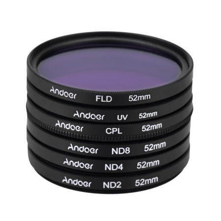 Andoer 52 มิลลิเมตร UV + CPL + FLD + ND (ND2 ND4 ND8) ชุดฟิลเตอร์ถ่ายภาพชุดอัลตราไวโอเลต Circular - Polarizing Fluorescent Neutral Density ตัวกรองสำหรับ Nikon Canon Sony DSLR Pentax