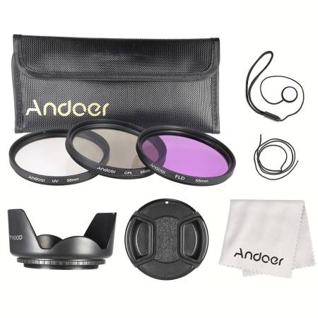 Andoer 55mm Filter Kit (UV+CPL+FLD) + Nylon Carry Pouch + Lens Cap + Lens Cap Holder + Lens Hood + Lens Cleaning Cloth - intl