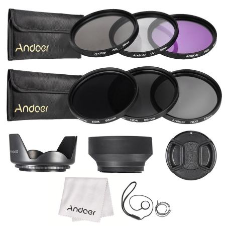 Andoer 55mm กรองเลนส์ UV + CPL + FLD + ND (ND2 ND4 ND8) กับกระเป๋าใส่กล่องอาหาร/ฝาครอบเลนส์/ฝาครอบเลนส์ผู้ถือ/TULIP  Rubber ตัวป้องกันเลนส์/ผ้าทำความสะอาด - INTL