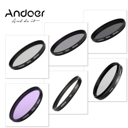 Andoer 55 มิลลิเมตร UV + CPL + FLD + ND (ND2 ND4 ND8) ชุดฟิลเตอร์ถ่ายภาพชุดอัลตราไวโอเลต Circular - Polarizing Fluorescent Neutral Density ตัวกรองสำหรับ Nikon Canon Sony Pentax DSLR - INTL