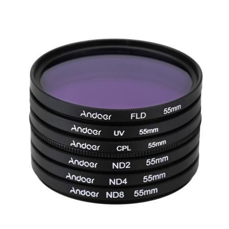 Andoer 55 มิลลิเมตร UV + CPL + FLD + ND (ND2 ND4 ND8) ชุดฟิลเตอร์ถ่ายภาพชุดอัลตราไวโอเลต Circular - Polarizing Fluorescent Neutral Density ตัวกรองสำหรับ Nikon Canon Sony Pentax DSLR - INTL