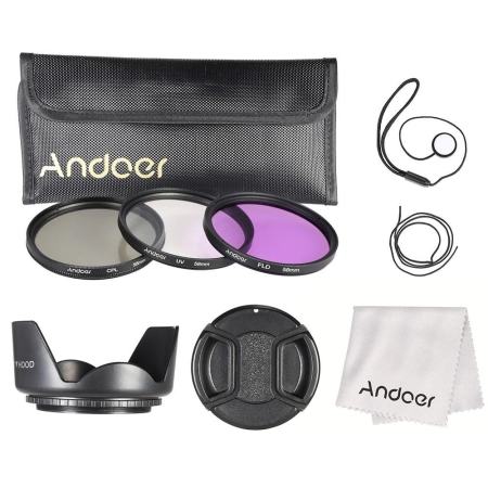 Andoer 58 มิลลิเมตรกรอง (UV + CPL + FLD) + กระเป๋าใส่ไนลอน + ฝาครอบเลนส์ + ใส่ฝาครอบเลนส์ + เลนส์ฮูด + ผ้าทำความสะอาดเลนส์