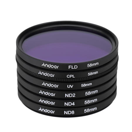 Andoer 58มม UV+CPL+FLD+ND (ND2 ND4 ND8)ภาพชุดเซ็ตยูวีฟิลเตอร์ทรงกลมขั้วหลอดตัวเป็นกลางความหนาแน่นสำหรับNikon Canon Sony Pentax กล้อง dslr