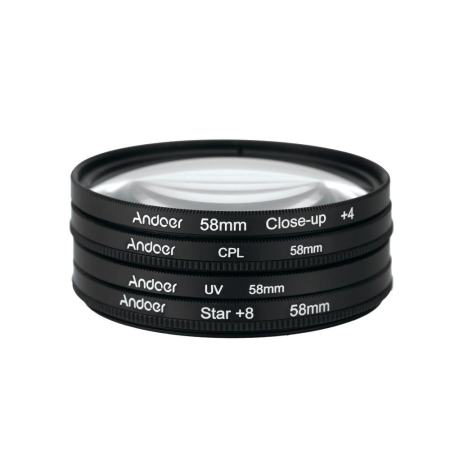 Andoer 58 มิลลิเมตร UV + CPL + Close - Up + 4 ดาว + 8 จุดกรองฟิลเตอร์ทรงกลมชุดวงกลมตัวกรองโพลาไรซ์ปิดแมโคร 8 จุดกรองพร้อมถุงสำหรับ Nikon Canon Pentax Sony DSLR Camera - INTL