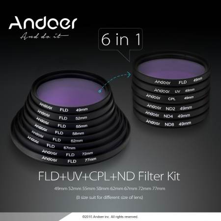 Andoer 62มมรังสียูวี + CPL + FLD + ND (ND2 ND4 ND8) ภาพชุดเซ็ตยูวีฟิลเตอร์ทรงกลมขั้วหลอดตัวเป็นกลางความหนาแน่นสำหรับ Nikon Canon Sony Pentax กล้องกระเป๋าสะพาย DSL