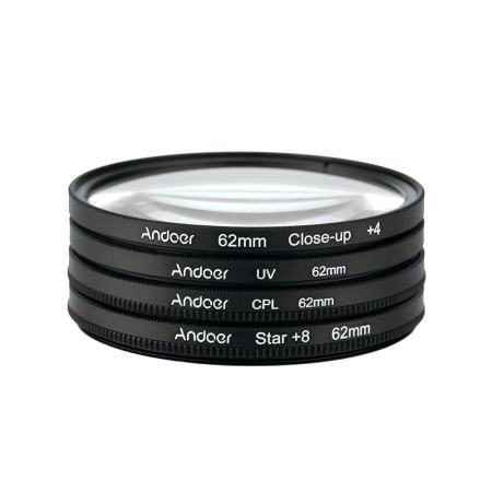 Andoer 62 มิลลิเมตร UV + CPL + Close - Up + 4 ดาว + 8 จุดกรองฟิลเตอร์ทรงกลมชุดวงกลมตัวกรองโพลาไรซ์ปิดแมโคร 8 จุดกรองพร้อมถุงสำหรับ Nikon Canon Pentax Sony DSLR Camera - INTL