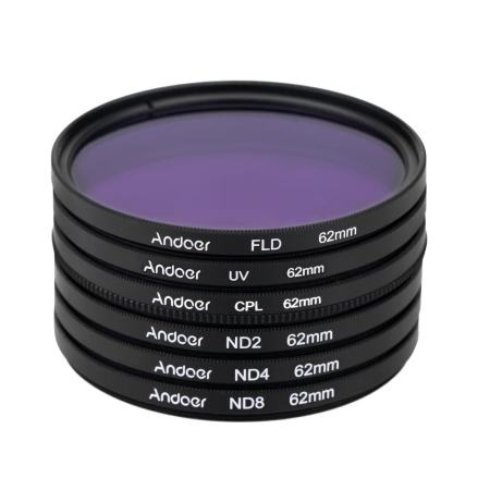 Andoer 62 มิลลิเมตร UV + CPL + FLD + ND (ND2 ND4 ND8) ชุดฟิลเตอร์ถ่ายภาพชุดอัลตราไวโอเลต Circular - Polarizing Fluorescent Neutral Density ตัวกรองสำหรับ Nikon Canon Sony Pentax DSLR - INTL