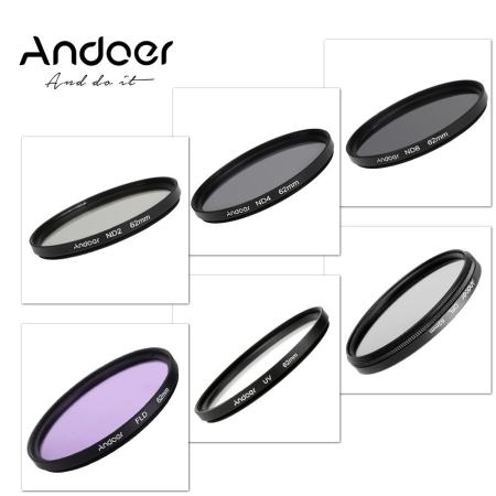 Andoer 62 มิลลิเมตร UV + CPL + FLD + ND (ND2 ND4 ND8) ชุดฟิลเตอร์ถ่ายภาพชุดอัลตราไวโอเลต Circular - Polarizing Fluorescent Neutral Density ตัวกรองสำหรับ Nikon Canon Sony Pentax DSLR - INTL