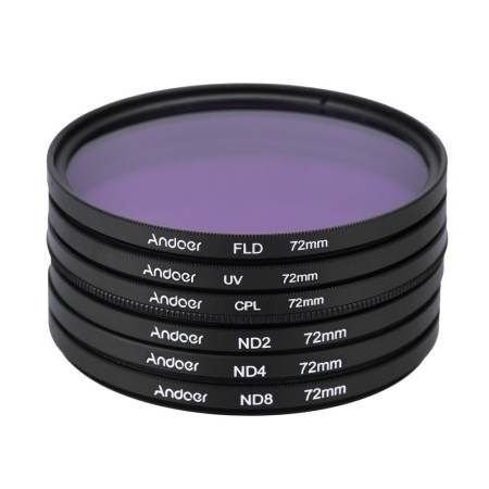 Andoer 72 มิลลิเมตร UV + CPL + FLD + ND (ND2 ND4 ND8) ชุดฟิลเตอร์ถ่ายภาพชุดอัลตราไวโอเลต Circular - Polarizing Fluorescent Neutral Density ตัวกรองสำหรับ Nikon Canon Sony DSLR Pentax