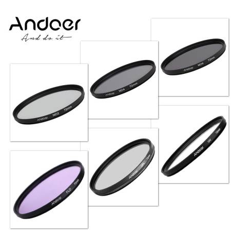 Andoer 72 มิลลิเมตร UV + CPL + FLD + ND (ND2 ND4 ND8) ชุดฟิลเตอร์ถ่ายภาพชุดอัลตราไวโอเลต Circular - Polarizing Fluorescent Neutral Density ตัวกรองสำหรับ Nikon Canon Sony DSLR Pentax