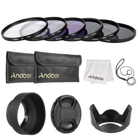 Andoer 77mm Lens Filter Kit UV+CPL+FLD+ND(ND2 ND4 ND8) with Carry Pouch / Lens Cap / Lens Cap Holder / Tulip  Rubber Lens Hoods / Cleaning Cloth Outdoorfree - INTL