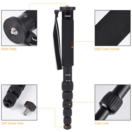 Andoer A-555 6คนส่วนผสมอะลูมิเนียมแบบพกพาขนาดเล็กถ่ายติดพวกโมโนพ็อดUnipod สำหรับ Nikon Canon Sony Pentax กล้องแม็กซ์ โหลด 10กก./22ปอนด์