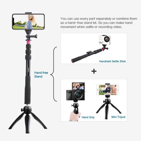 Andoer Selfie Stick + ขาตั้งกล้องเล็กๆ + ขาตั้งกล้องโทรศัพท์ + รีโมทคอนโทรลไร้สายสำหรับ iPhone X/8/7 Plus สำหรับ Samsung S8 สำหรับ GoPro Hero 6/5/4/3 +/3 กล้องแอคชั่นแคมเมราดิจิตอลกล้องถ่ายรูปวิดีโอ - INTL