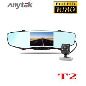 Anytek กล้องกระจกมองหลัง 2 กล้อง 1080P FHD DVR มี WDR รุ่น T2 สีดำ