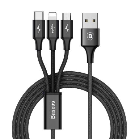 BASEUS 3-ใน-1 สายชาร์จข้อมูล 1.2 เมตรสายฟ้า + ไมโคร USB + ประเภท- c-ดำ-นานาชาติ