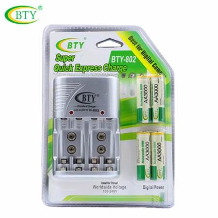 BTY ถ่านชาร์จ AA 3000 mAh Ni-MH Rechargeable battery 4 ก้อน และ เครื่องชาร์จเร็ว