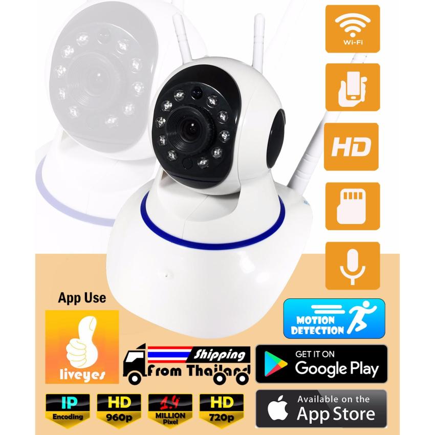 กล้องวงจรปิด HD 960p Wifi / Wirless IP camera 1.4 Megepixel / 3 เสา ฟรีอะแดปเตอร์+ฟรี ( App : Liveyes ) 