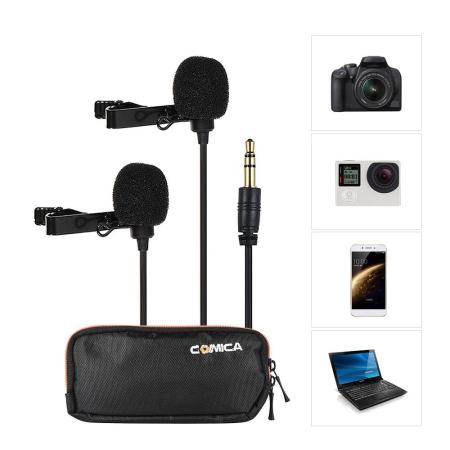 Comica CVM-D02 Dual-head Lavalier Lapel Microphone Clip-on Condenser Mic Cable Length 6m/19.7ft for Canon Nikon Sony A7 A6300 Camera for iPhone 6 6plus for GoPro Hero 4/3+/3 Action Camera for Interview Livestream Youtube Teaching Podcast - intl