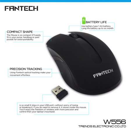 FANTECH 2.4G WIRELESS OPTICAL MOUSE เมาส์ไร้สาย 1200 DPI รุ่น W556 (สีดำ) / ฟรี แบตเตอรี่ขนาด AA