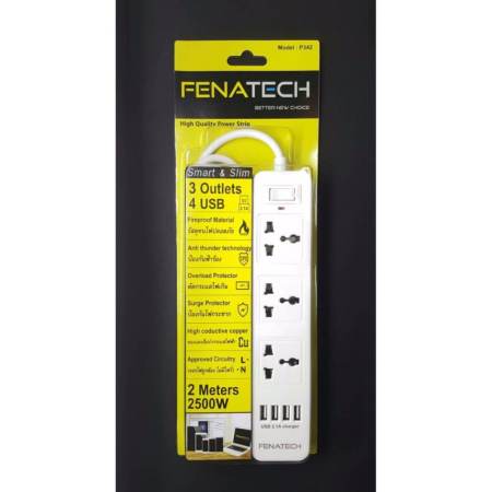 ปลั๊กไฟ ป้องกันไฟกระชาก Fenatech P342 7 ช่อง 3 เต้าเสียบ 4 USB 2.1A ชาร์จเร็ว มือถือ แท็บเล็ต เพาเวอร์แบงค์ (สีขาว)