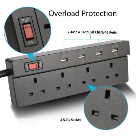 Jabriel อุปกรณ์ป้องกันฟ้าผ่าราง 4 ทาง 4 ปลั๊ก USB ต่อสายไฟปลั๊ก USB ชาร์จปลั๊กไฟ 5.9ft สายไฟ USB ชาร์จรองรับพอร์ต iPad iPod โทรศัพท์สมาร์ท - นานาชาติ