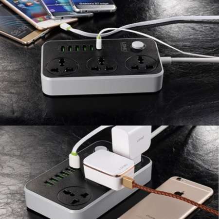 LDNIO SC3604 Power Strip with 3 AC Sockets + 6 USB Ports - Black / EU Plug