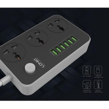 LDNIO SC3604 Power Strip with 3 AC Sockets + 6 USB Ports - Black / EU Plug