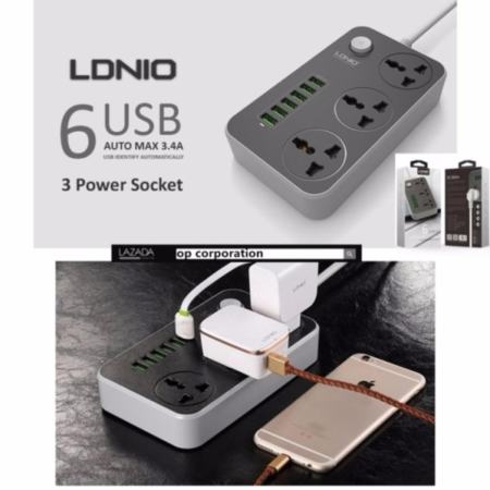 LDNIO SC3604 Power Strip with 3 AC Sockets + 6 USB Ports - Black / EU Plug