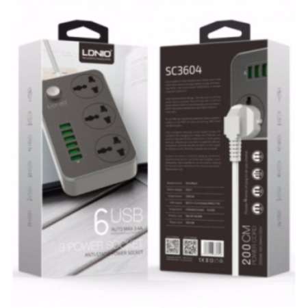 LDNIO SC3604 Power Strip with 3 AC Sockets + 6 USB Ports - Black / EU Plug